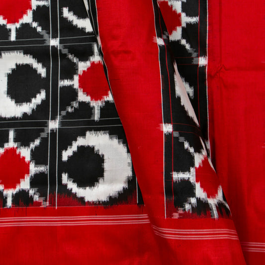 Black And Red Double Ikkat Pochampally Silk Saree Without Zari For Office Wear PIK 378
