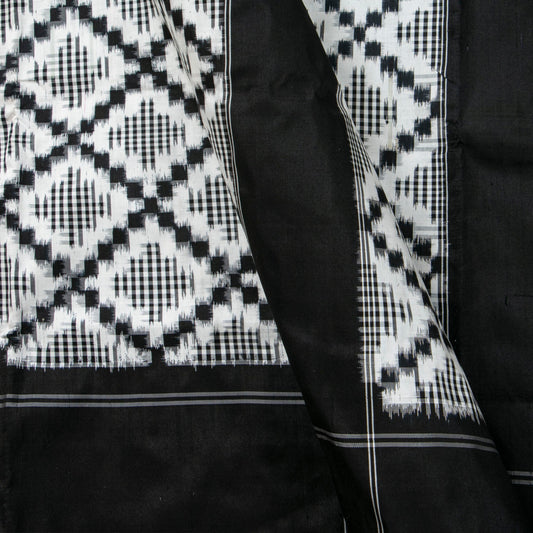 Black And White Double Ikkat Pochampally Silk Saree Without Zari For Office Wear PIK 376