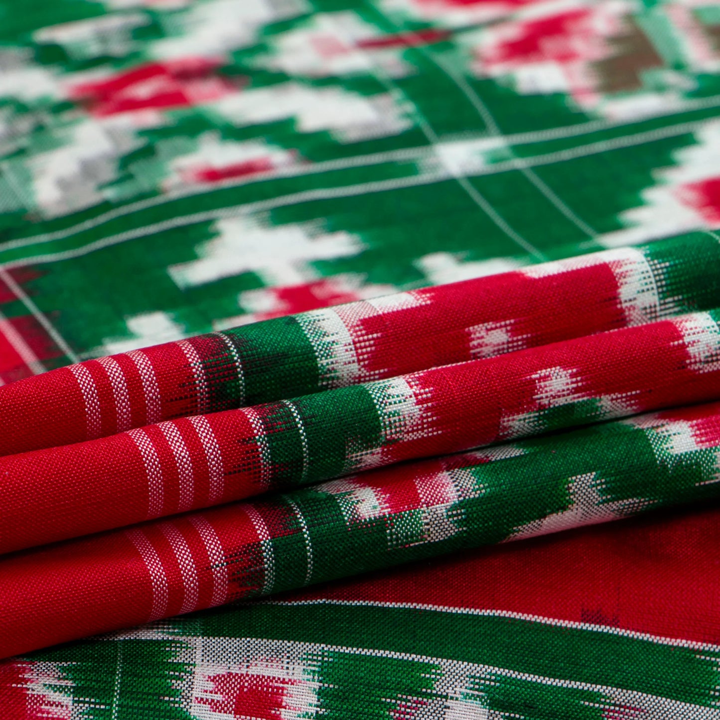 Green And Red Double Ikkat Pochampally Silk Saree Without Zari For Festive Wear PIK 377