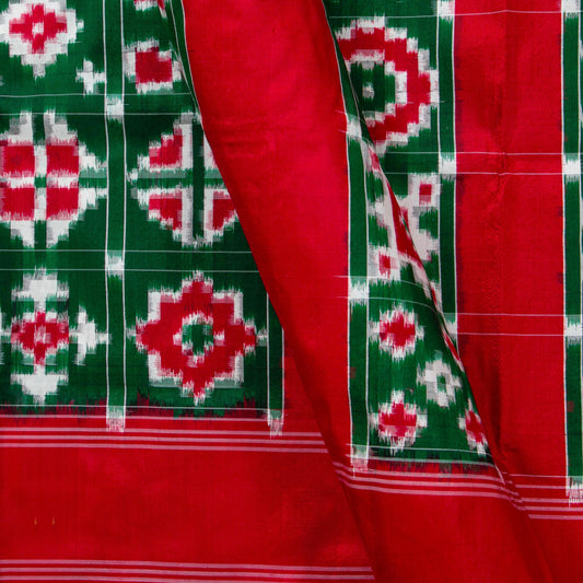 Green And Red Double Ikkat Pochampally Silk Saree Without Zari For Festive Wear PIK 377