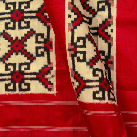 Cream And Red Double Ikkat Pochampally Silk Saree For Office Wear PIK 372