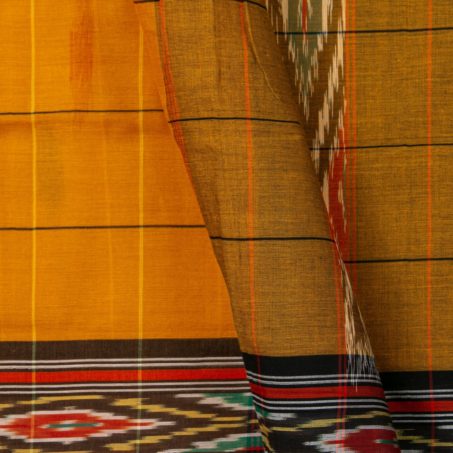 Mustard Yellow And Brown Sambalpuri Ikkat Cotton Saree For Office Wear PV SC 211