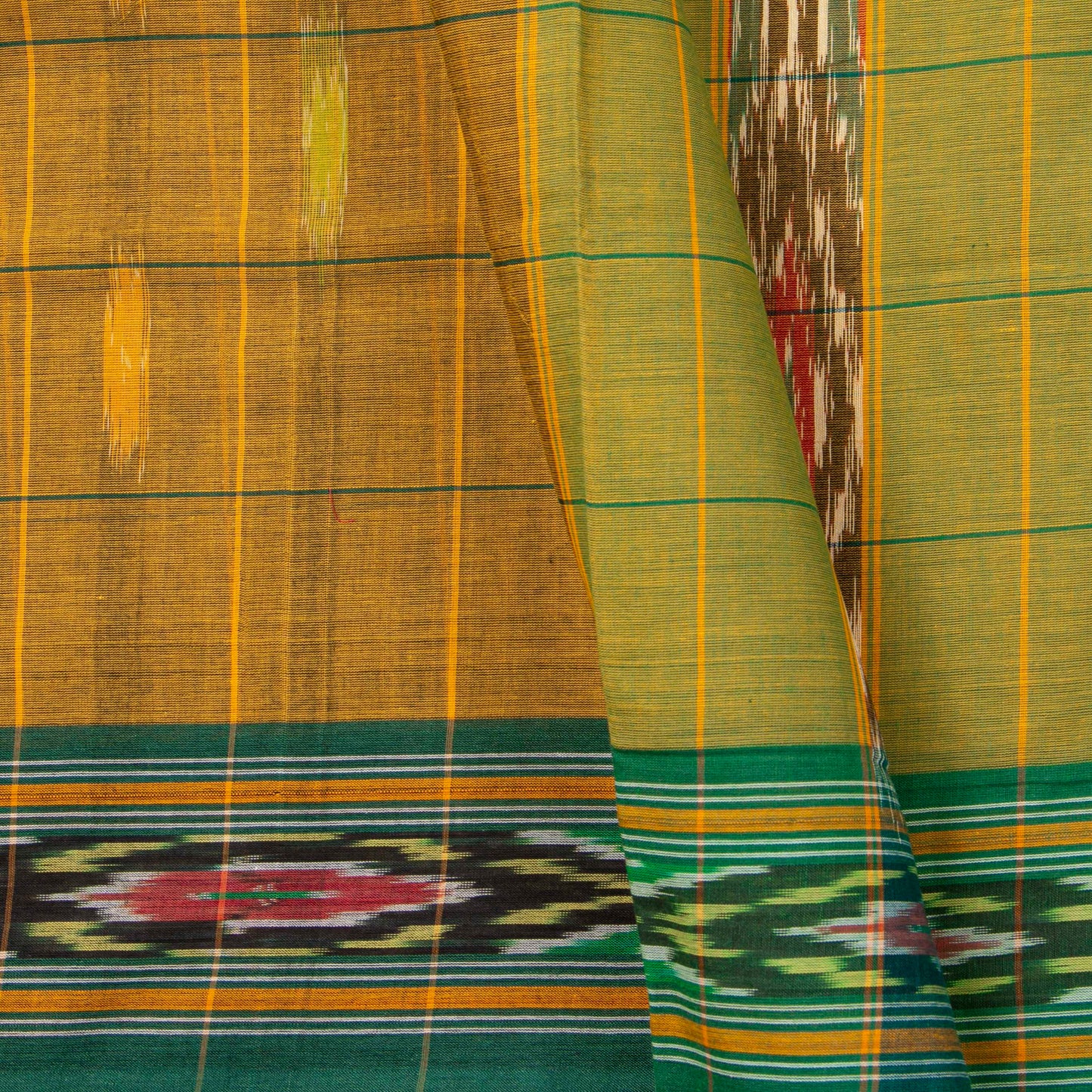 Brown And Green Pochampally Ikkat Cotton Saree For Office Wear PV SC 212