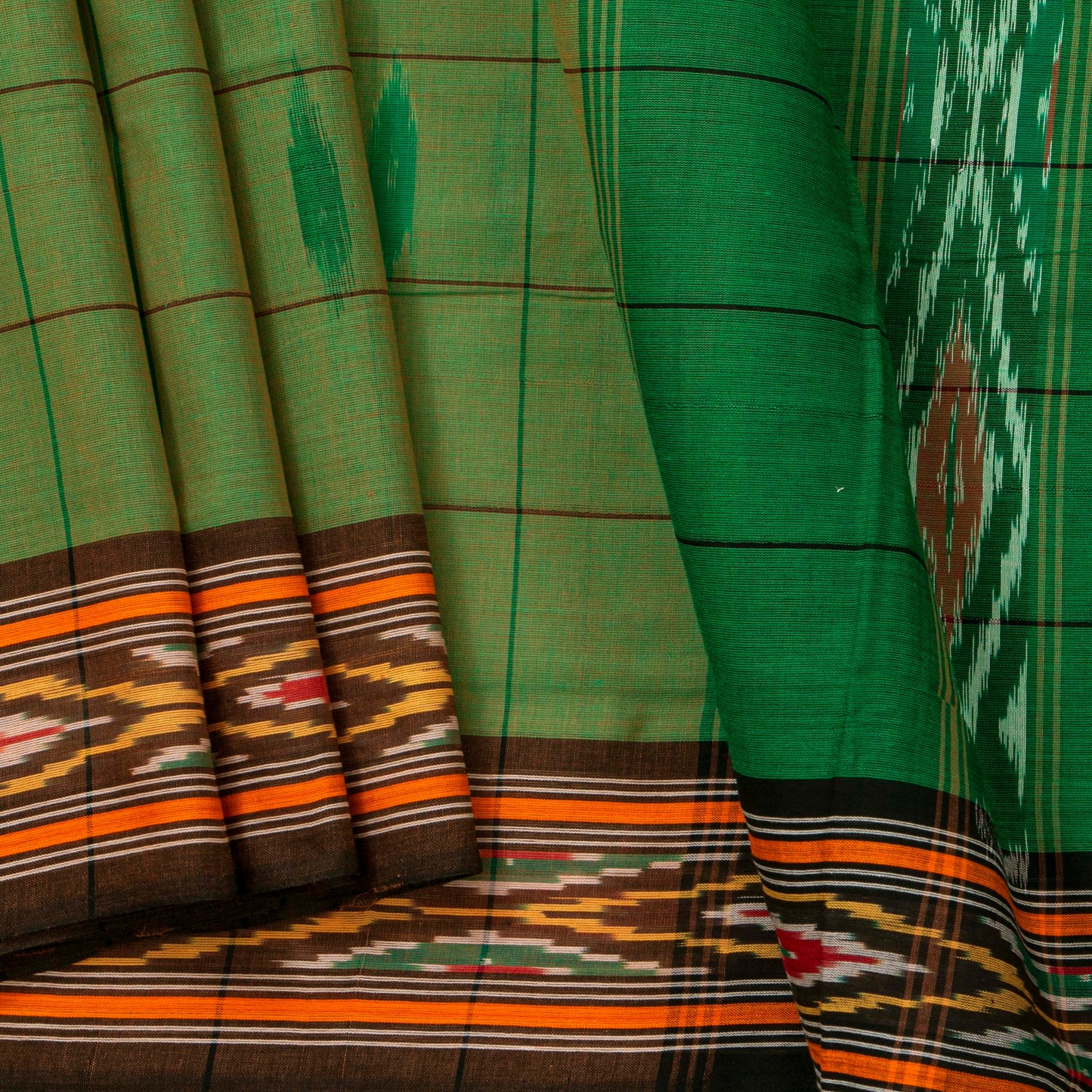 Light Green And Brown Pochampally Ikkat Cotton Saree For Office Wear PV SC 213