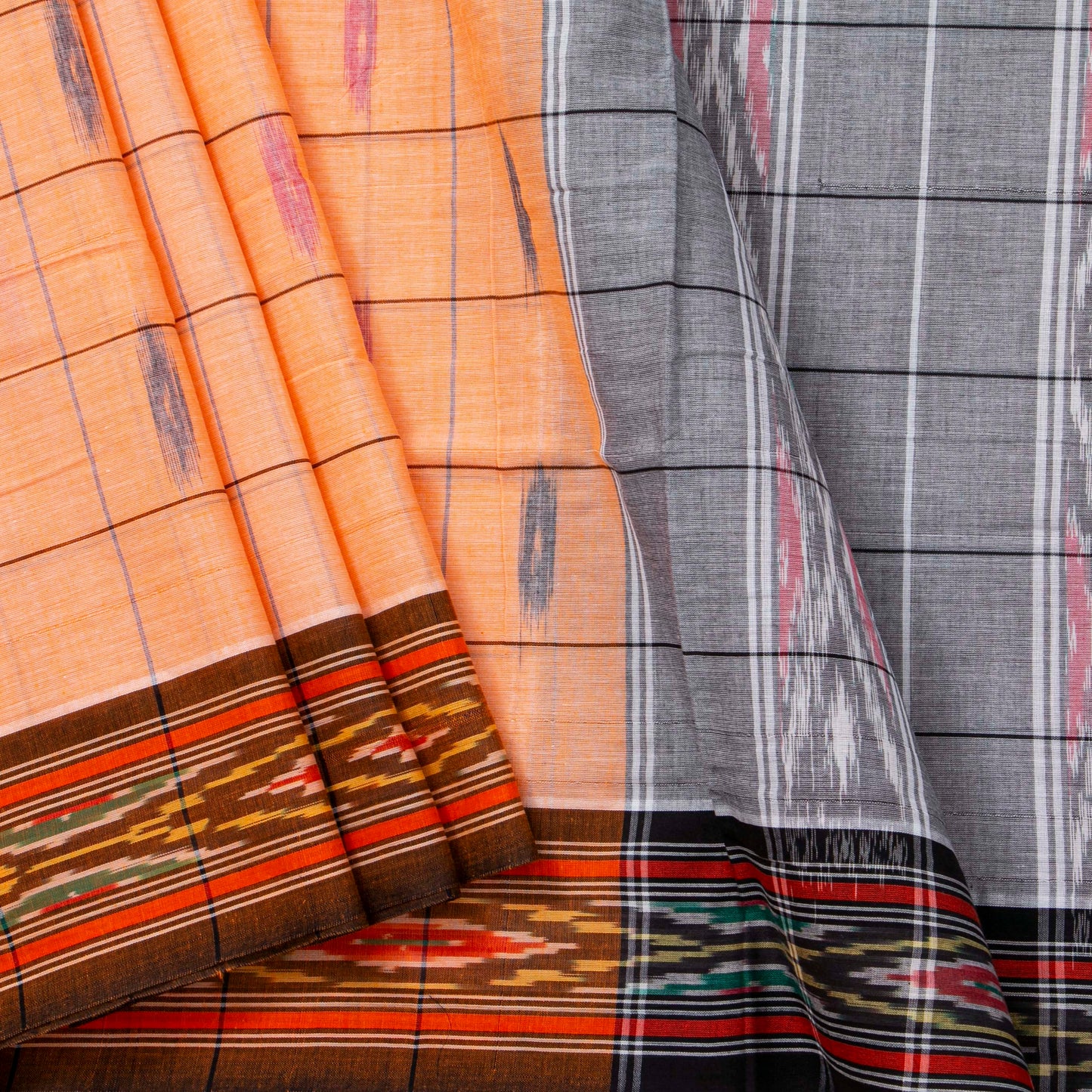 Peach, Maroon And Grey Pochampally Ikkat Cotton Saree For Office Wear PV SC 210