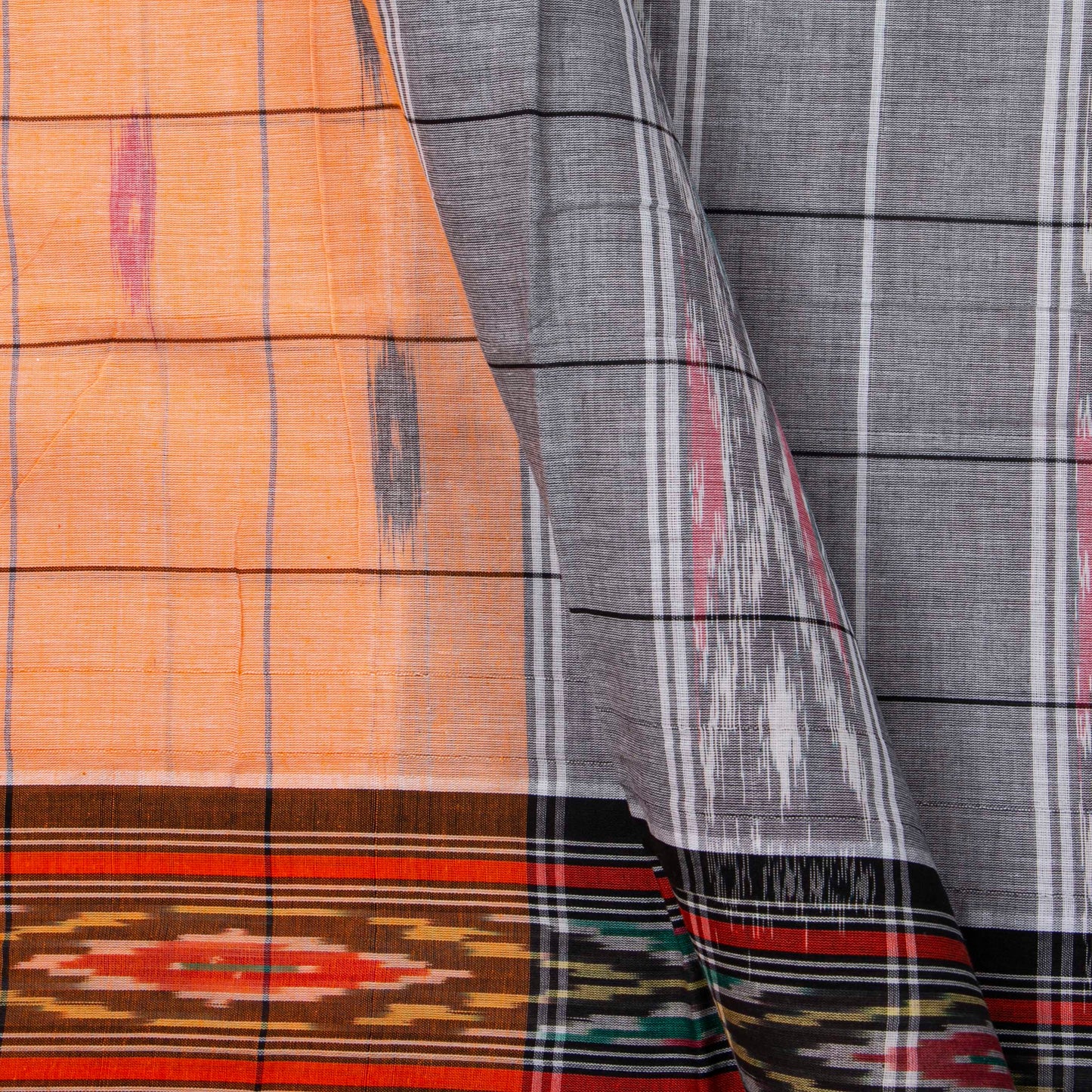 Peach, Maroon And Grey Pochampally Ikkat Cotton Saree For Office Wear PV SC 210