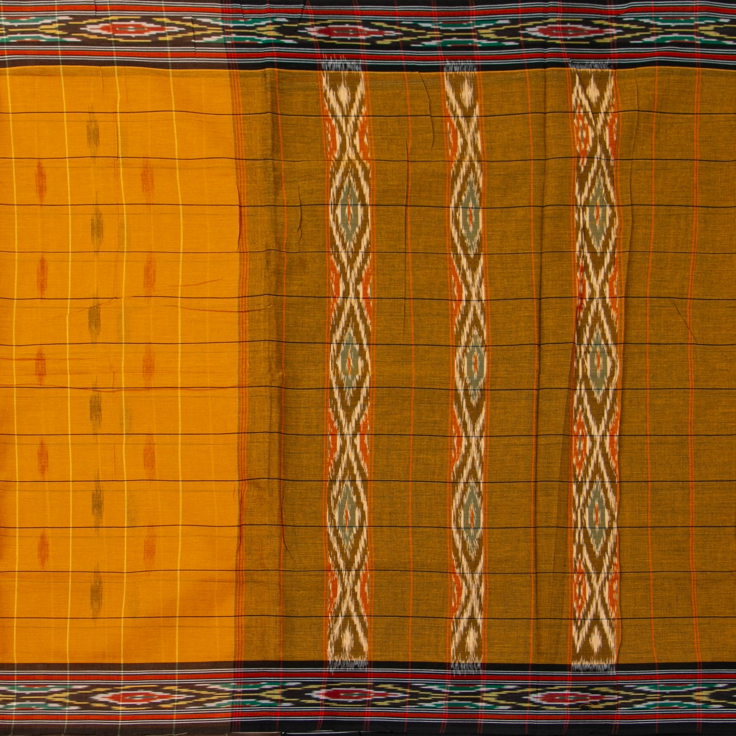 Mustard Yellow And Brown Sambalpuri Ikkat Cotton Saree For Office Wear PV SC 211