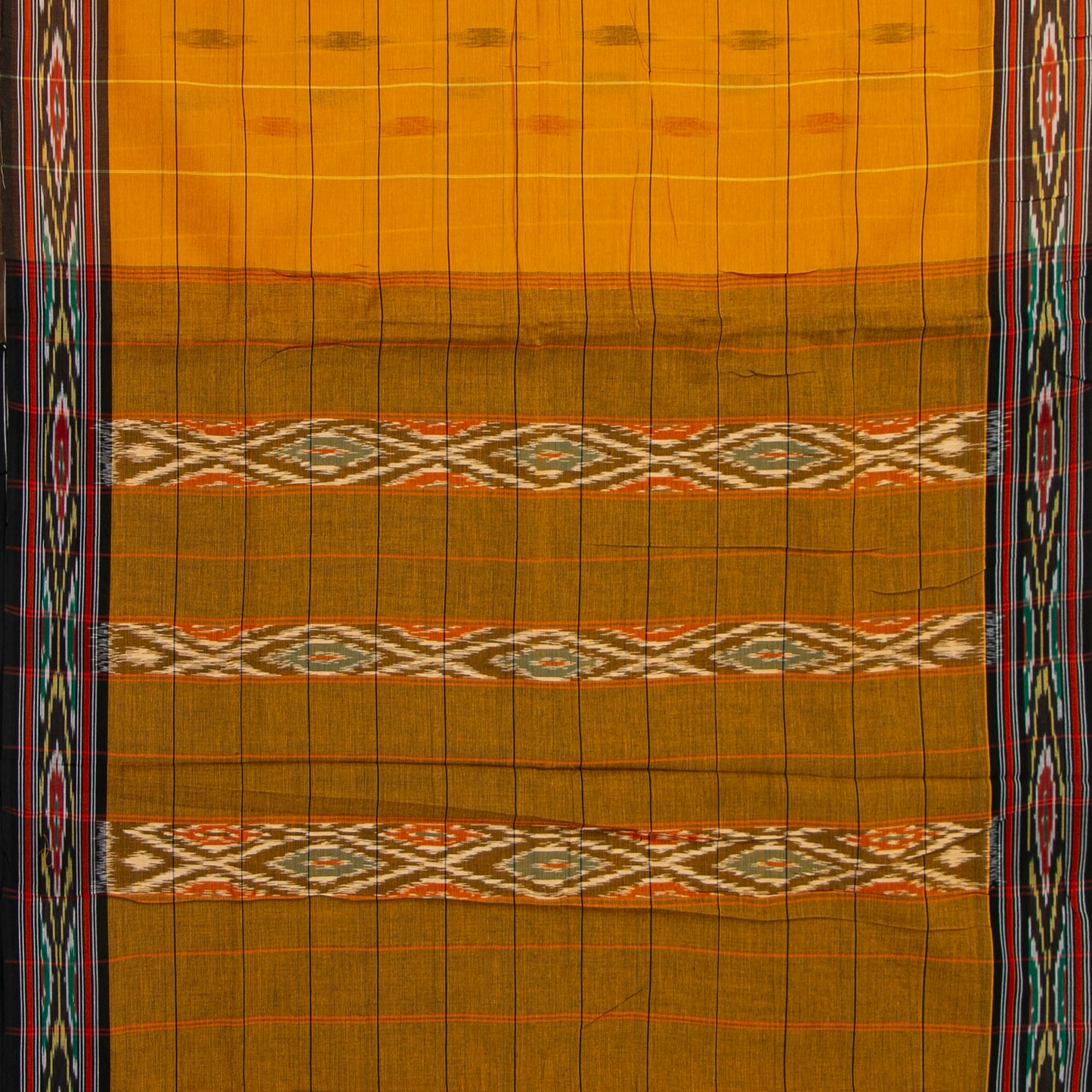 Mustard Yellow And Brown Sambalpuri Ikkat Cotton Saree For Office Wear PV SC 211