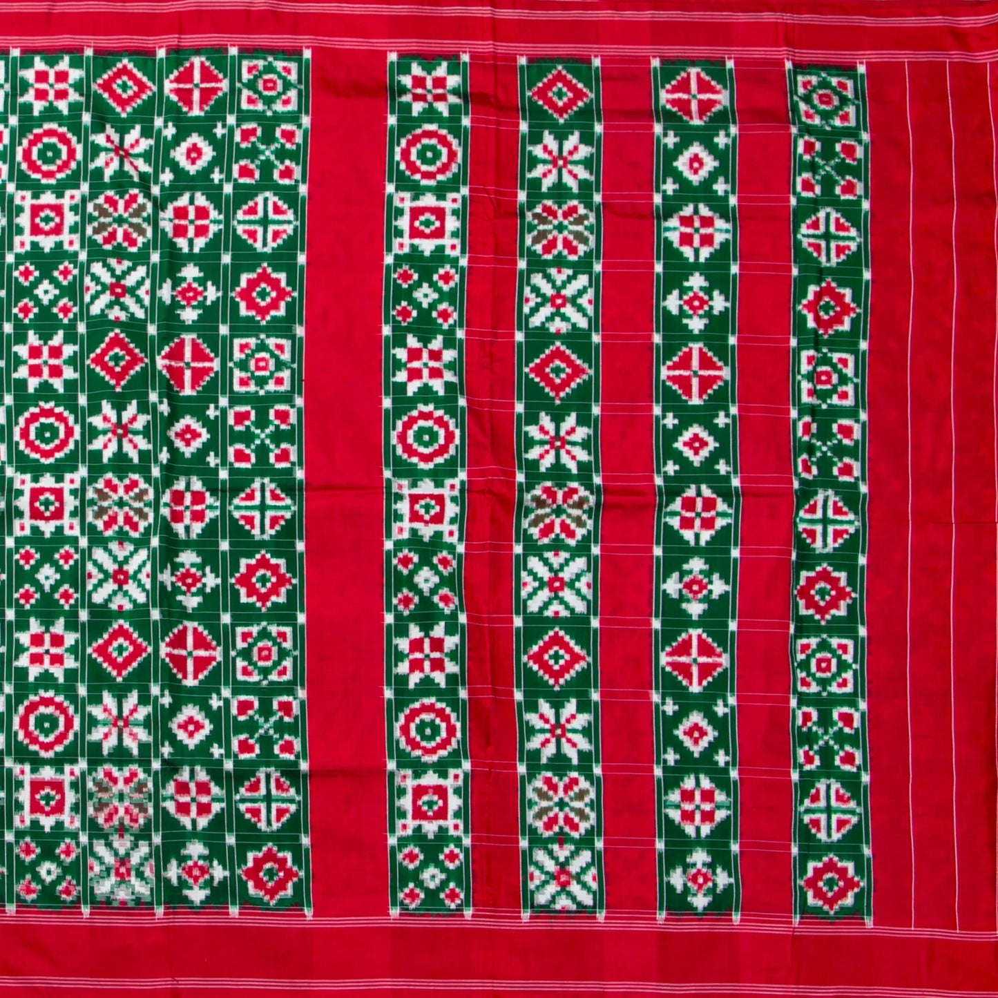Green And Red Double Ikkat Pochampally Silk Saree Without Zari For Festive Wear PIK 377