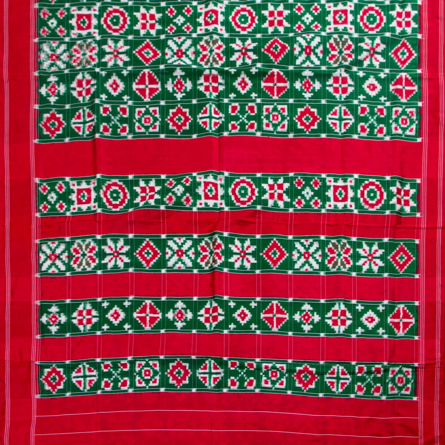 Green And Red Double Ikkat Pochampally Silk Saree Without Zari For Festive Wear PIK 377