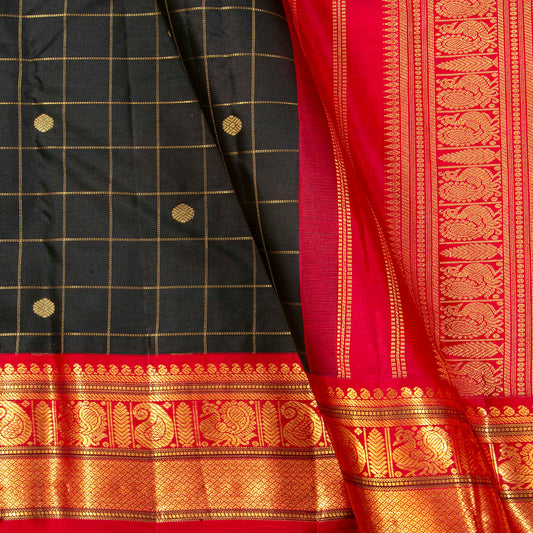 Black And Red Kanchipuram Silk Saree For Office Wear PV MEN 186