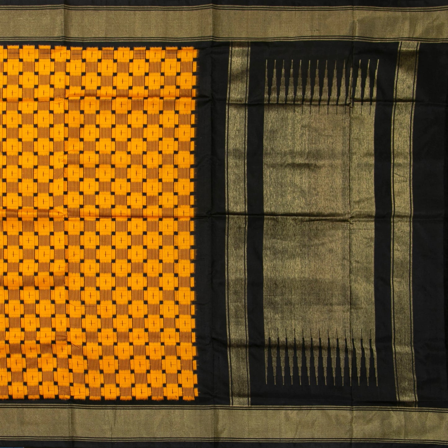 Yellow And Black Sambalpuri Ikkat Silk Saree With Tissue Zari Border For Festive Wear PIK 386