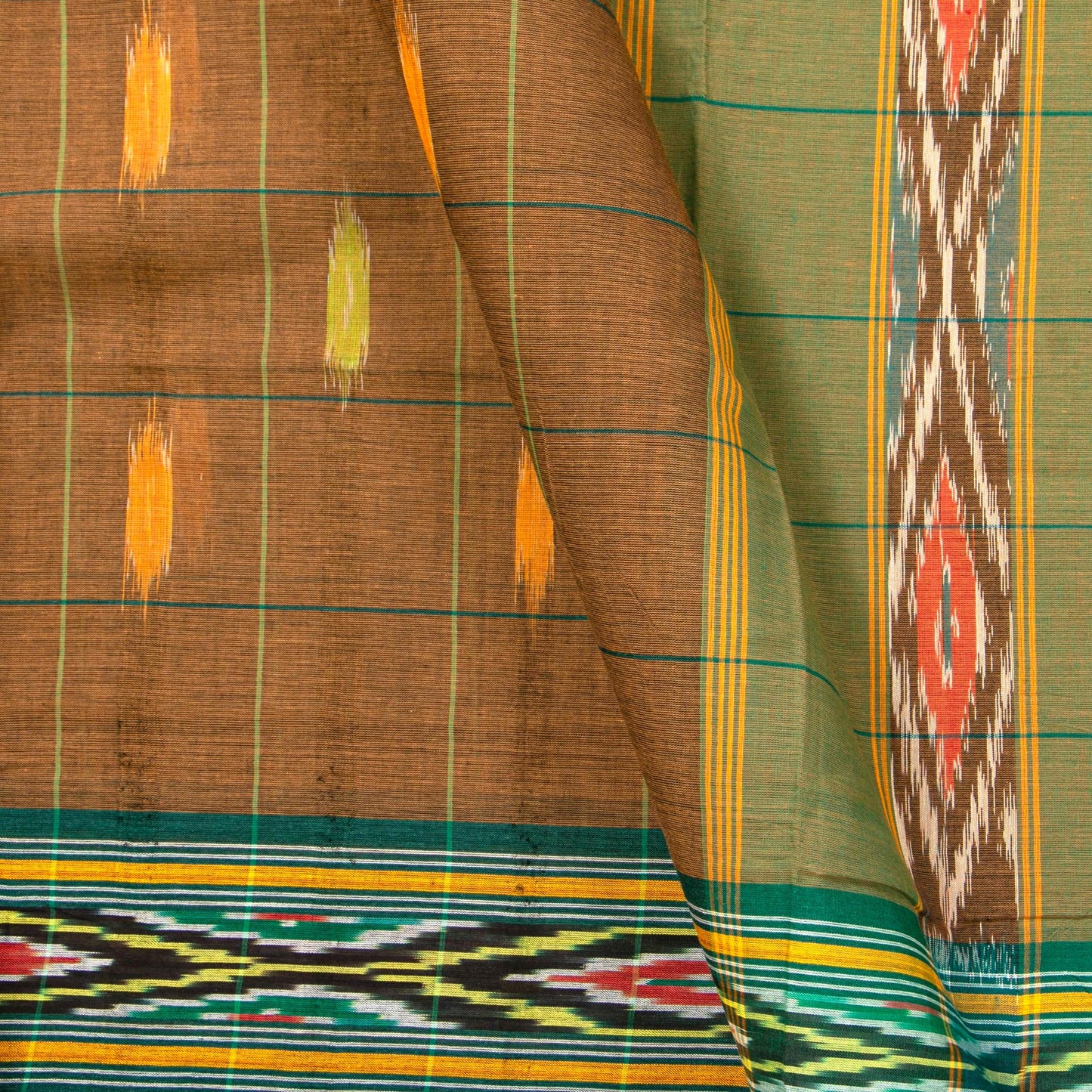 Brown And Green Pochampally Ikkat Cotton Saree For Office Wear PV SC 209