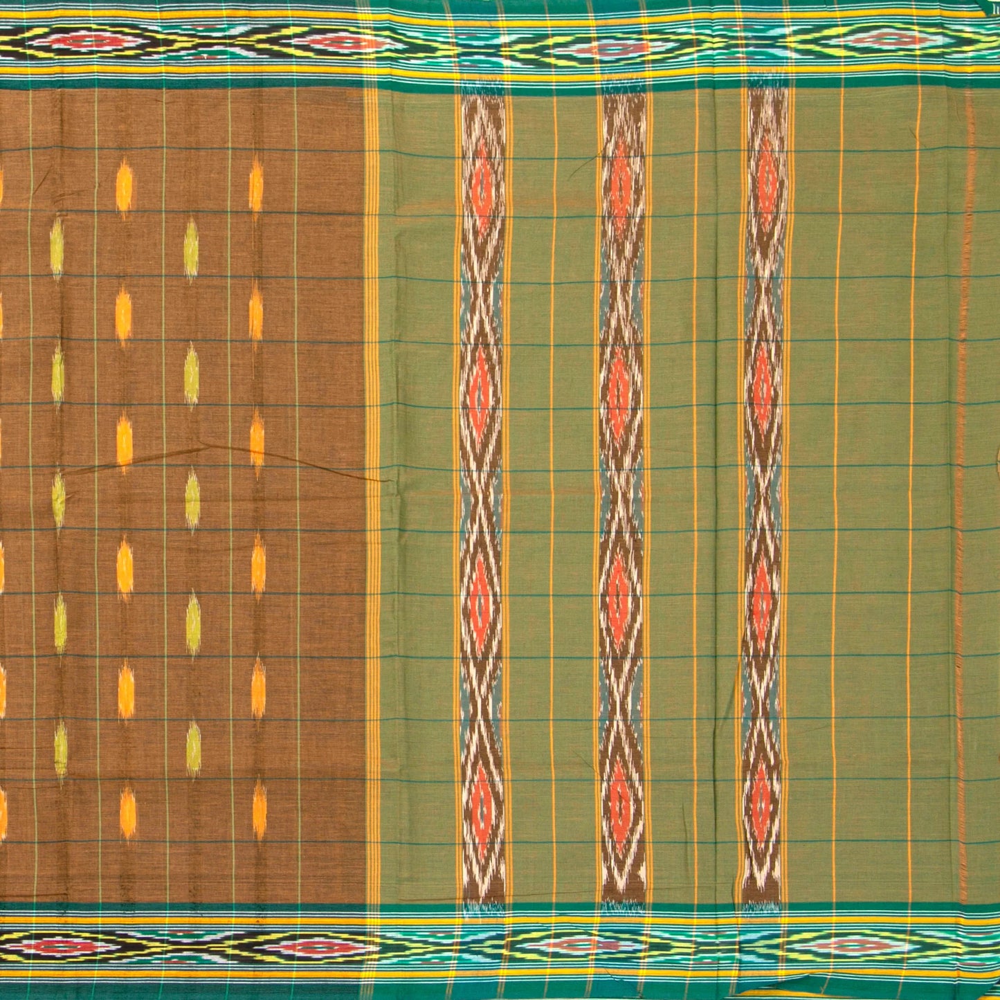 Brown And Green Pochampally Ikkat Cotton Saree For Office Wear PV SC 209