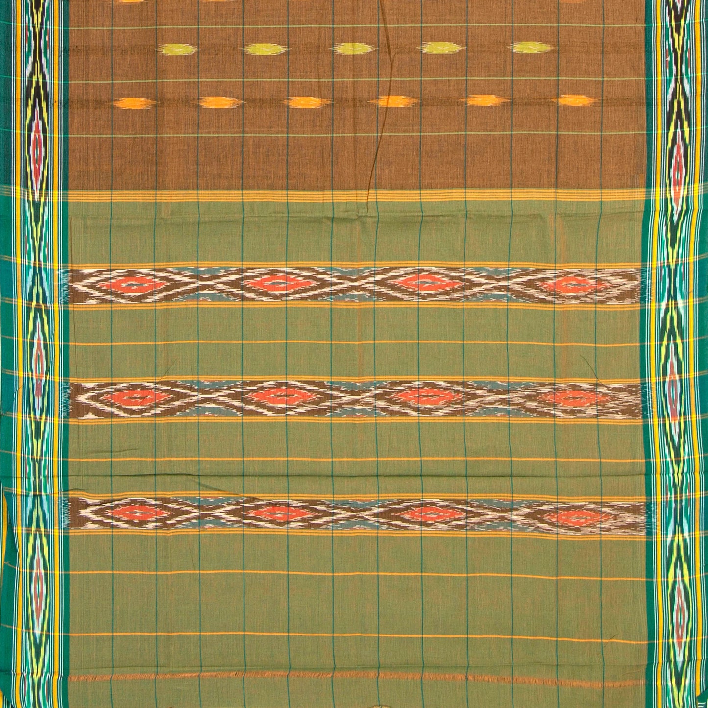 Brown And Green Pochampally Ikkat Cotton Saree For Office Wear PV SC 209