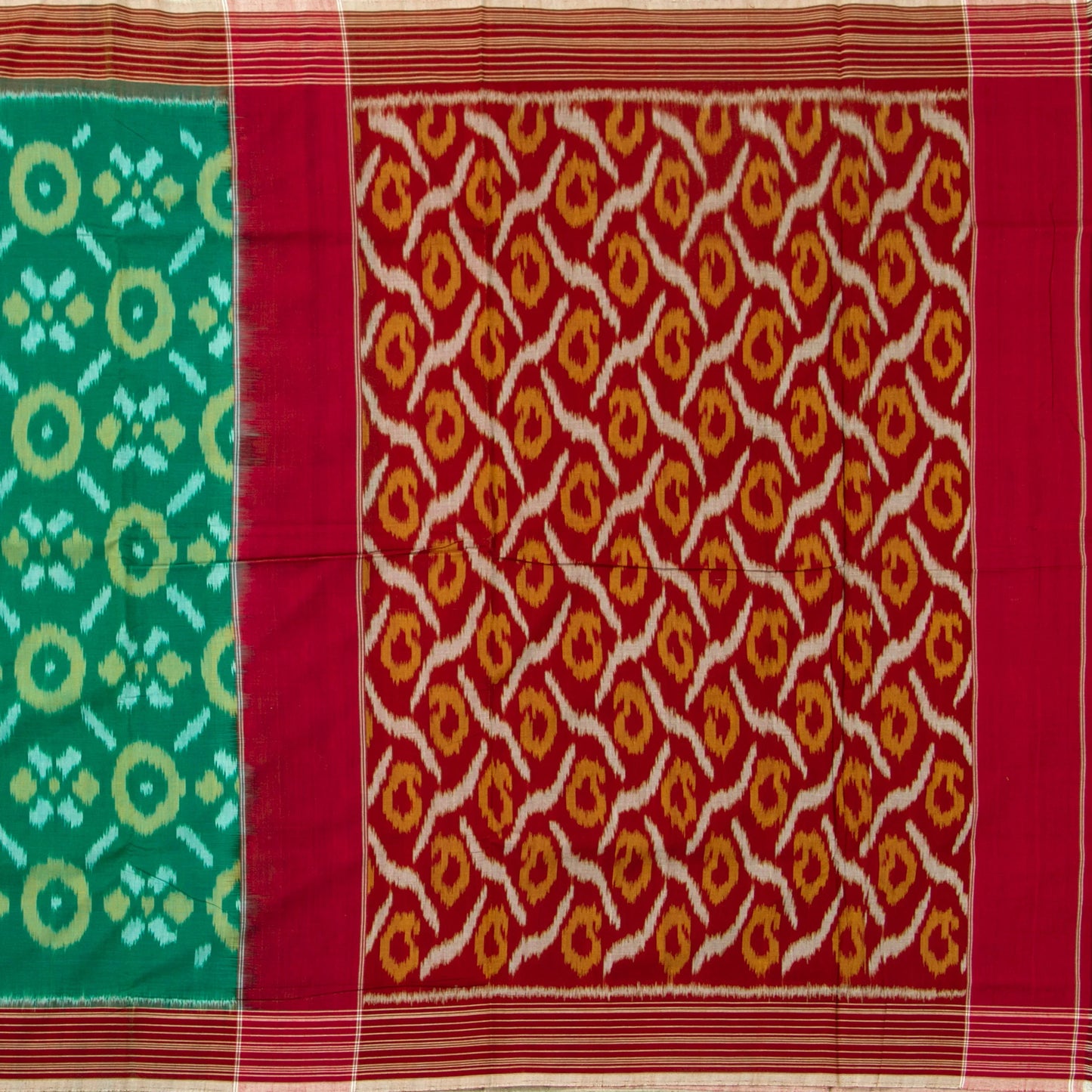 Green And Red Pochampally Ikkat Cotton Saree For Office Wear PV SC 233