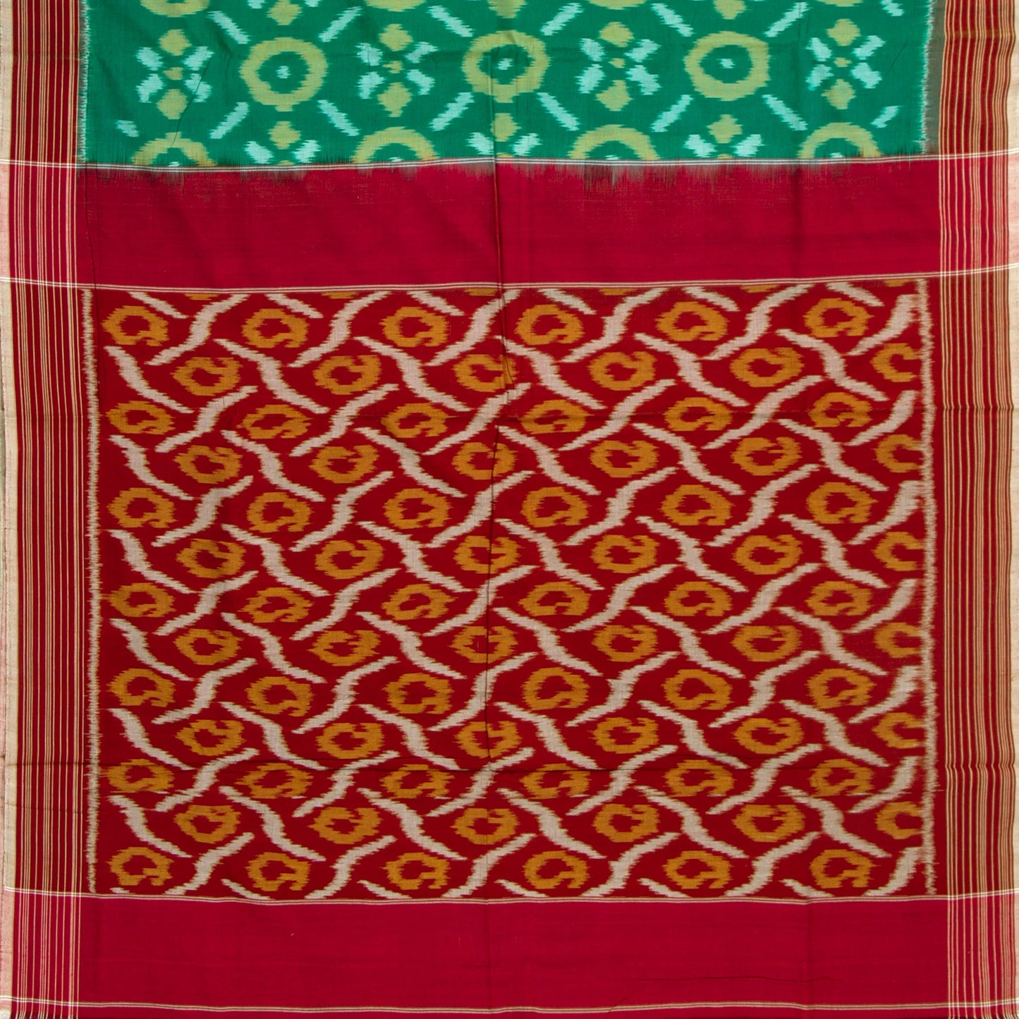 Green And Red Pochampally Ikkat Cotton Saree For Office Wear PV SC 233