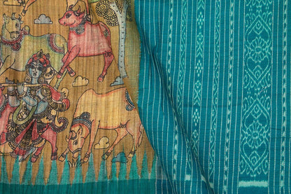 Beige And Blue Kalamkari Gicha Tussar Silk Saree Handpainted Cow Patterns Organic Vegetable Dyes PT K VSR 120 - Kalamkari Silk - Panjavarnam