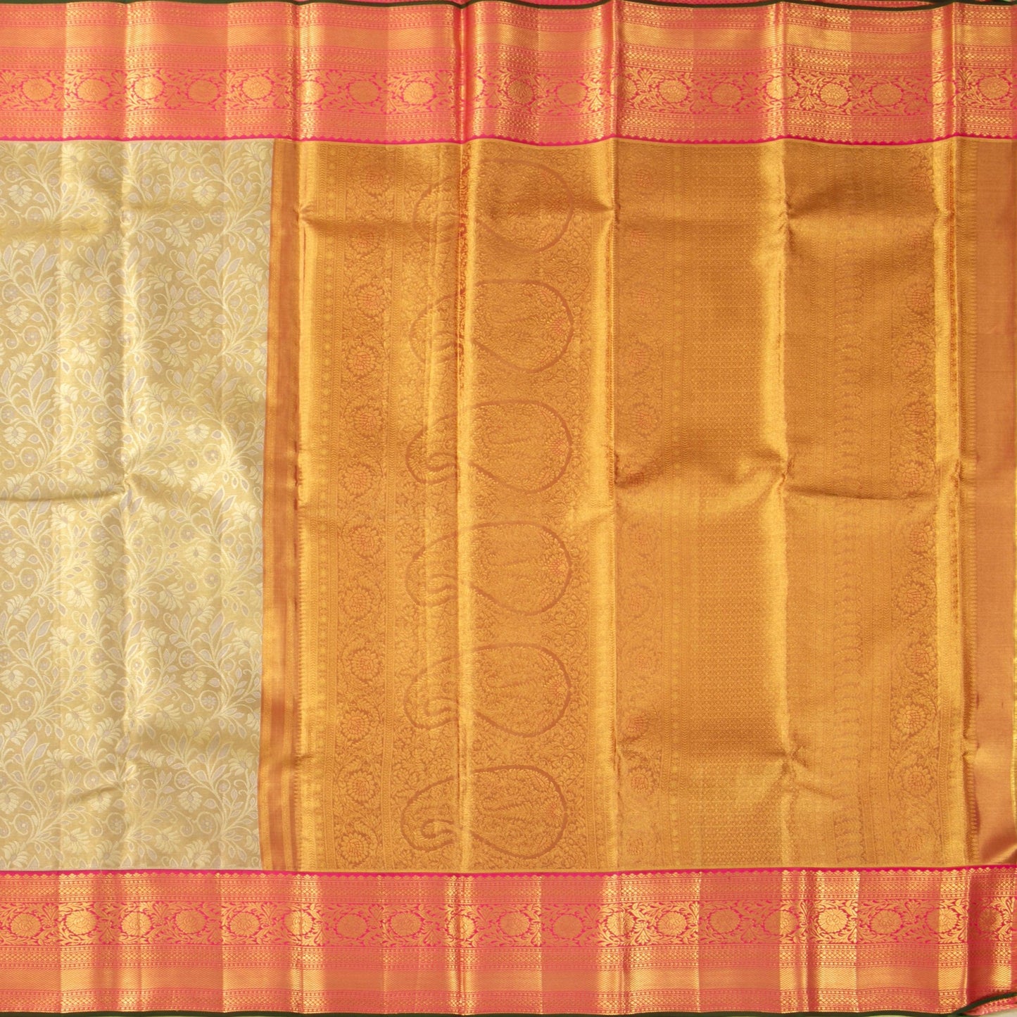 Beige And Pink Kanjivaram Tissue Silk Saree With Medium Border For Bridal Wear PV NYC 1150 - Silk Sari - Panjavarnam PV NYC 1150