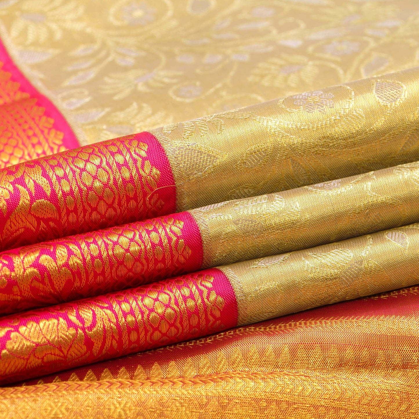 Beige And Pink Kanjivaram Tissue Silk Saree With Medium Border For Bridal Wear PV NYC 1150 - Silk Sari - Panjavarnam PV NYC 1150