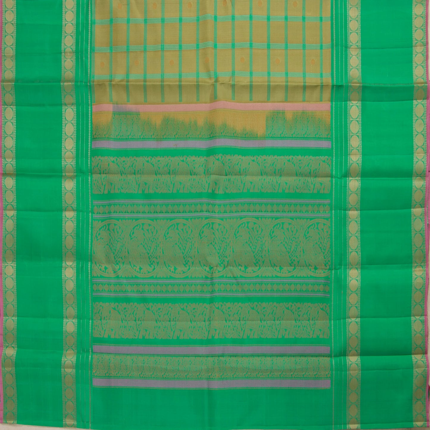 Beige And Sea Green Kanchipuram Silk Saree For Festive Wear PV RM NZ 484 - Silk Sari - Panjavarnam PV RM NZ 484