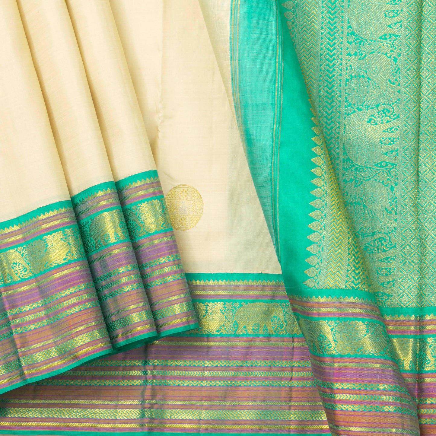 Beige And Turquoise Green Kanchipuram Silk Saree For Wedding Wear PV NYC 1280 - Silk Sari - Panjavarnam PV NYC 1280