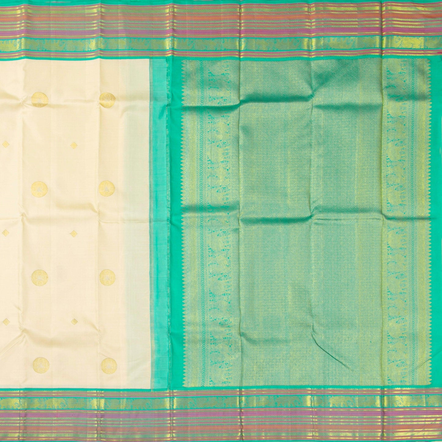 Beige And Turquoise Green Kanchipuram Silk Saree For Wedding Wear PV NYC 1280 - Silk Sari - Panjavarnam PV NYC 1280