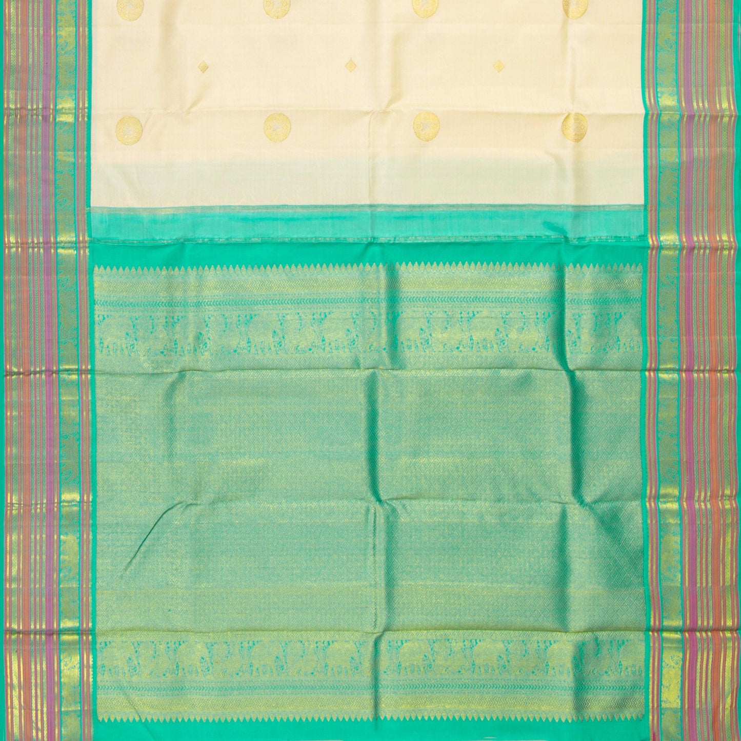 Beige And Turquoise Green Kanchipuram Silk Saree For Wedding Wear PV NYC 1280 - Silk Sari - Panjavarnam PV NYC 1280
