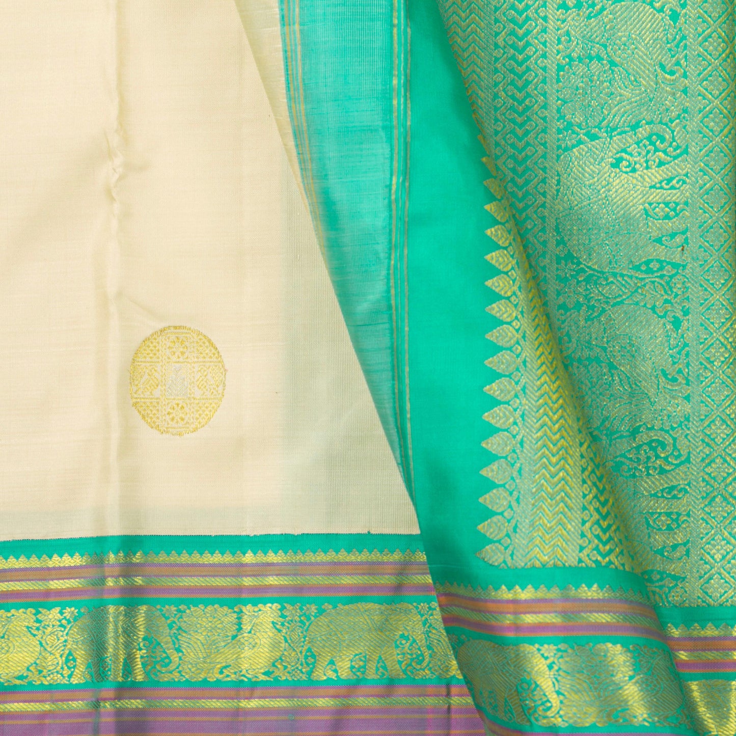 Beige And Turquoise Green Kanchipuram Silk Saree For Wedding Wear PV NYC 1280 - Silk Sari - Panjavarnam PV NYC 1280