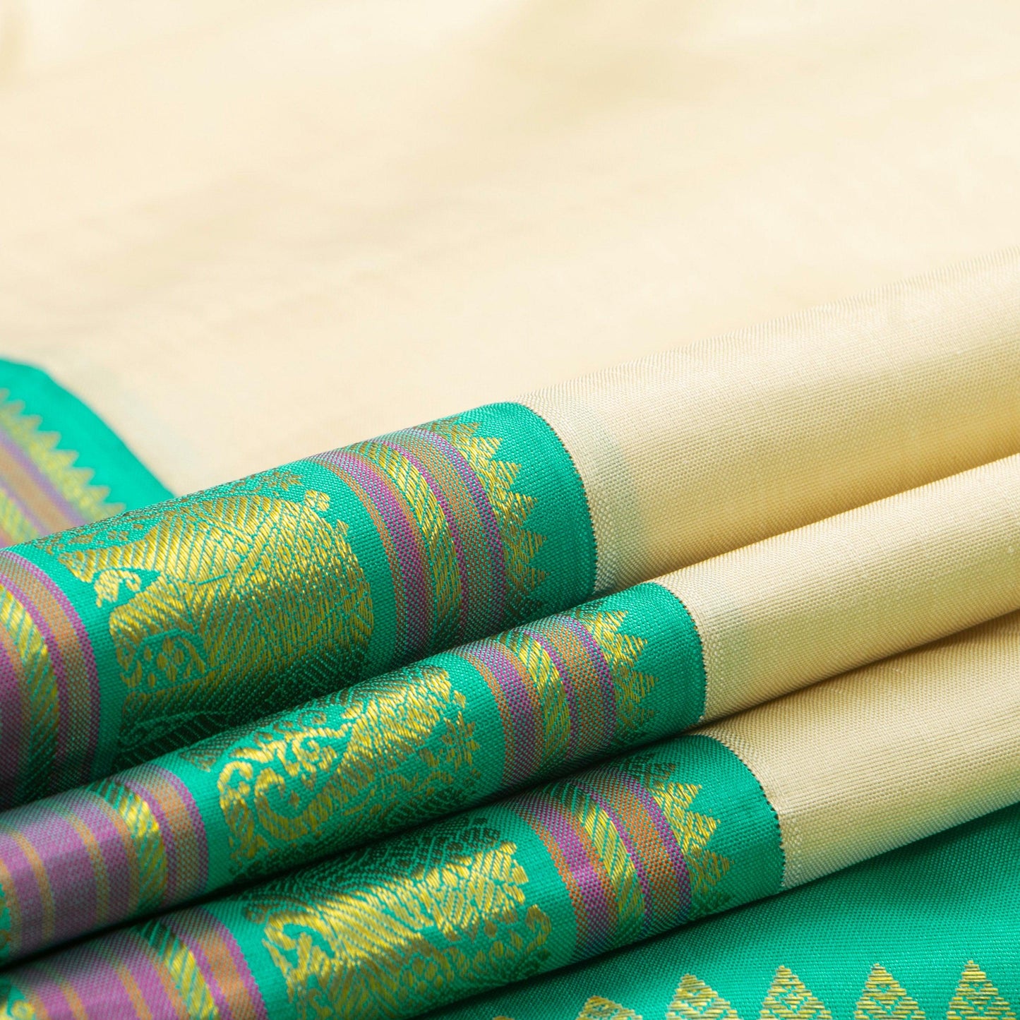 Beige And Turquoise Green Kanchipuram Silk Saree For Wedding Wear PV NYC 1280 - Silk Sari - Panjavarnam PV NYC 1280