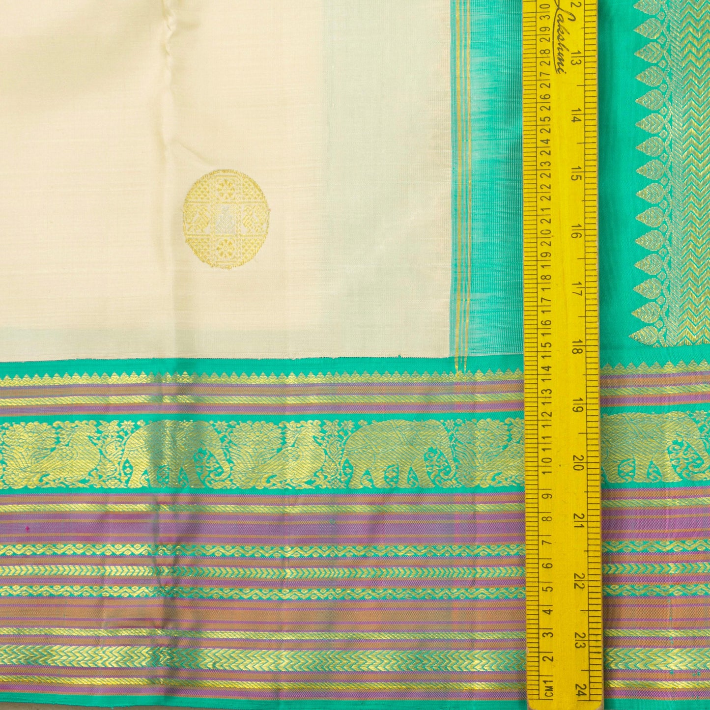 Beige And Turquoise Green Kanchipuram Silk Saree For Wedding Wear PV NYC 1280 - Silk Sari - Panjavarnam PV NYC 1280