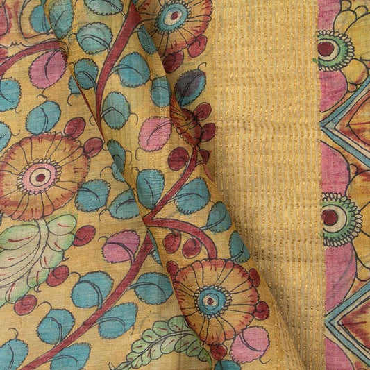 Beige Kalamkari Tussar Silk Saree Handpainted Floral And Peacock Patterns Organic Vegetable Dyes PT K VSR 111 - Kalamkari Silk - Panjavarnam PT K VSR 111
