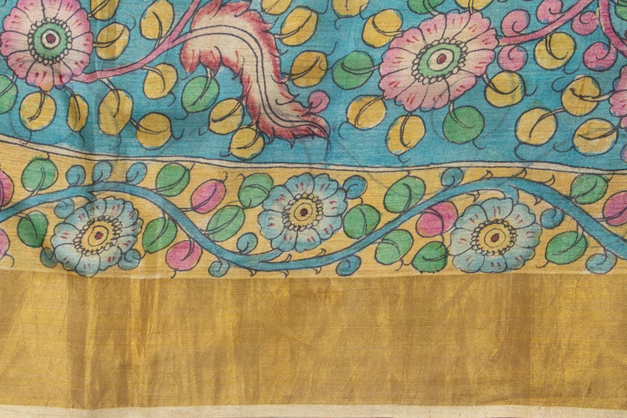 Beige Kalamkari Tussar Silk Saree Handpainted Floral And Peacock Patterns Organic Vegetable Dyes PT K VSR 111 - Kalamkari Silk - Panjavarnam PT K VSR 111