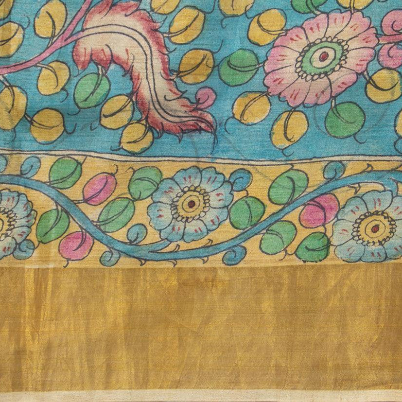Beige Kalamkari Tussar Silk Saree Handpainted Floral And Peacock Patterns Organic Vegetable Dyes PT K VSR 111 - Kalamkari Silk - Panjavarnam PT K VSR 111
