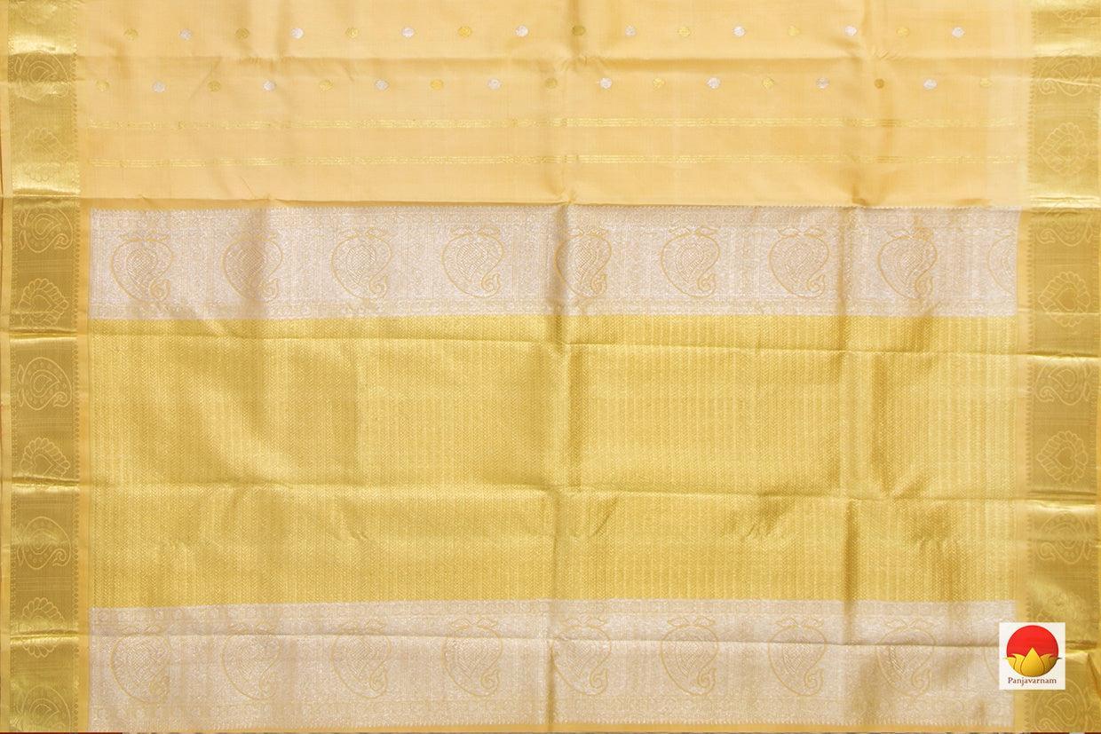 Beige Kanchipuram Silk Saree With Silver And Gold Zari Handwoven Pure Silk Pure Zari For Festive Wear PV SA 2040 - Silk Sari - Panjavarnam PV SA 2040