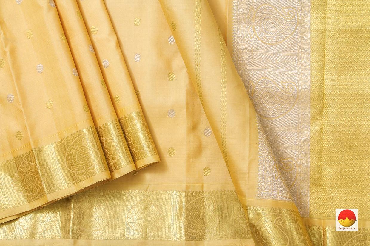 Beige Kanchipuram Silk Saree With Silver And Gold Zari Handwoven Pure Silk Pure Zari For Festive Wear PV SA 2040 - Silk Sari - Panjavarnam PV SA 2040