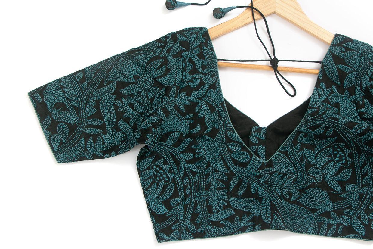 Black And Blue Kanthha Work Readymade Blouse PV BL 144 - Blouse - Panjavarnam PV BL 144