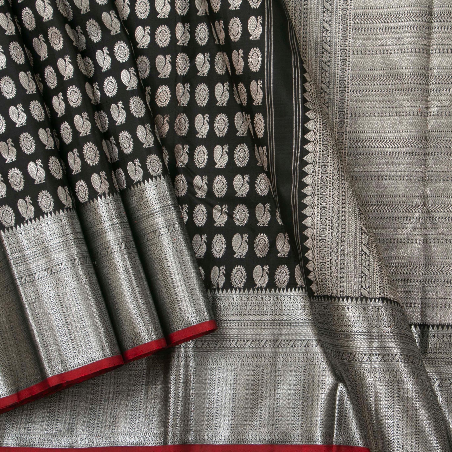 Black Kanchipuram Silk Saree With Silver Zari For Bridal Wear PV NYC 1365 - Silk Sari - Panjavarnam PV NYC 1365