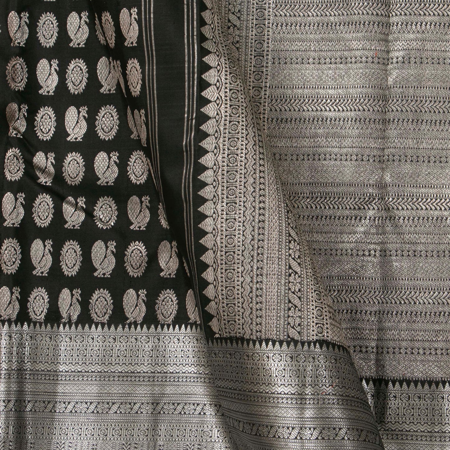 Black Kanchipuram Silk Saree With Silver Zari For Bridal Wear PV NYC 1365 - Silk Sari - Panjavarnam PV NYC 1365