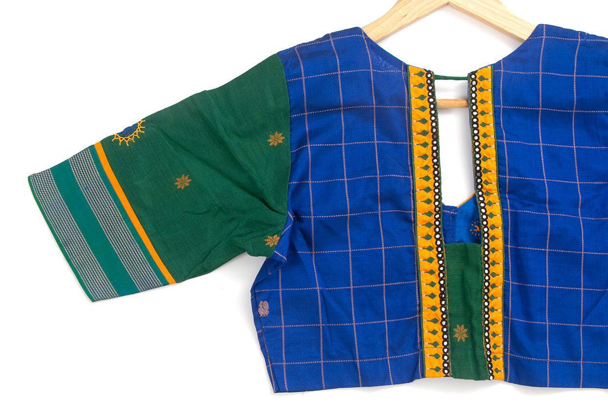 Blue And Green Silkcotton Readymade Blouse PV BL 146 - Blouse - Panjavarnam PV BL 146