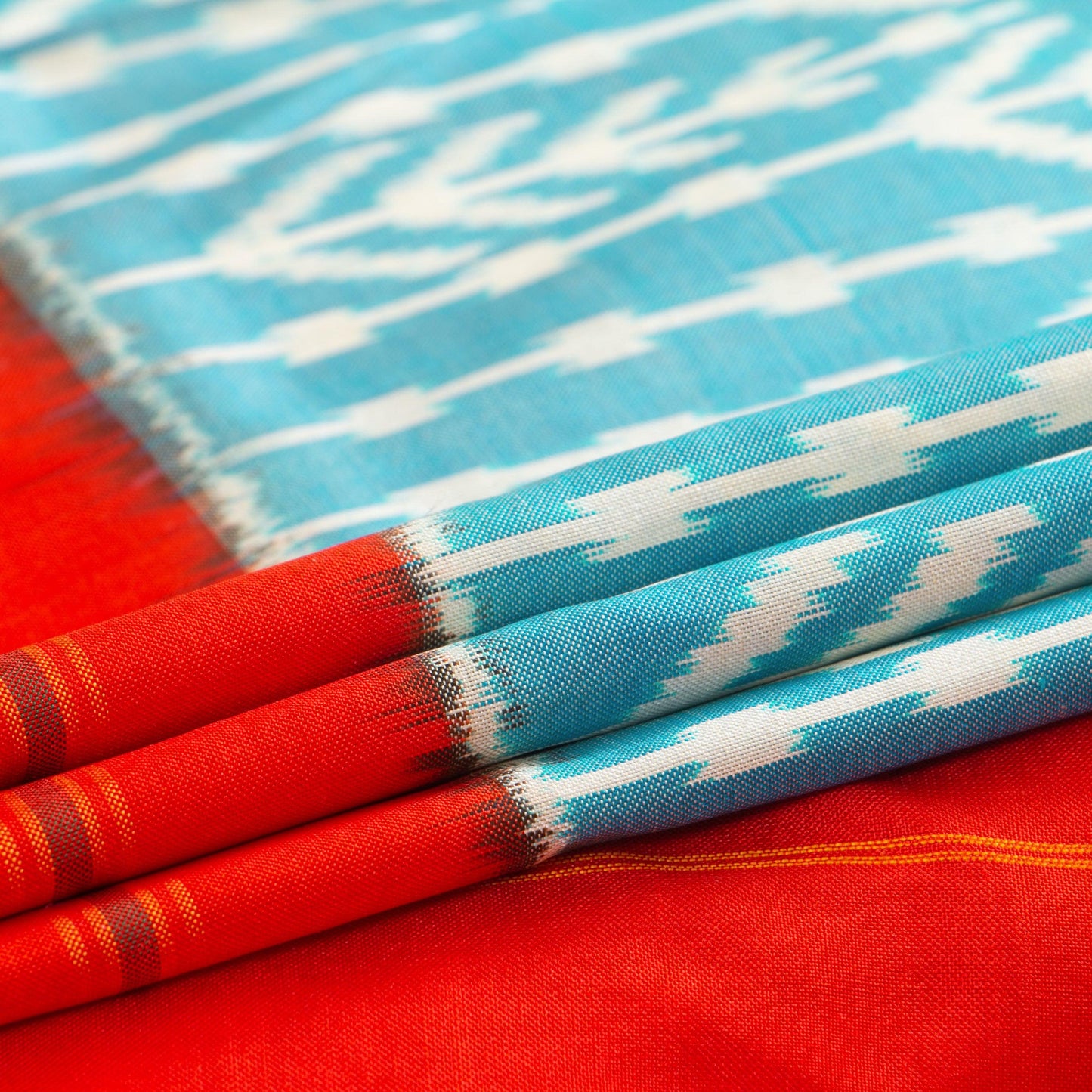 Blue And Orange Pochampally Silk Saree With Red Border Ikkat Handwoven Pure Silk For Office Wear PIK SIV 101 - Pochampally Silk - Panjavarnam PIK SIV 101