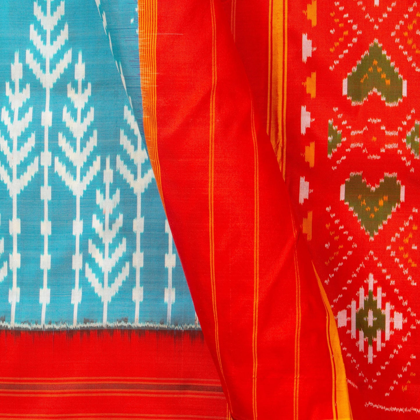 Blue And Orange Pochampally Silk Saree With Red Border Ikkat Handwoven Pure Silk For Office Wear PIK SIV 101 - Pochampally Silk - Panjavarnam PIK SIV 101