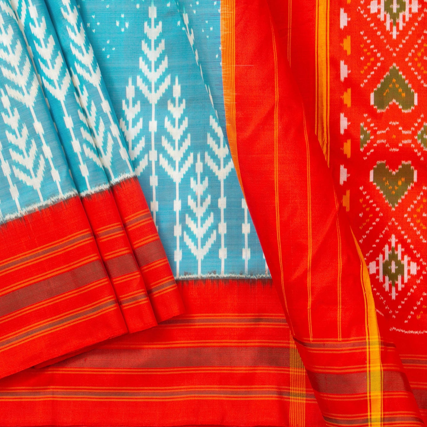 Blue And Orange Pochampally Silk Saree With Red Border Ikkat Handwoven Pure Silk For Office Wear PIK SIV 101 - Pochampally Silk - Panjavarnam PIK SIV 101