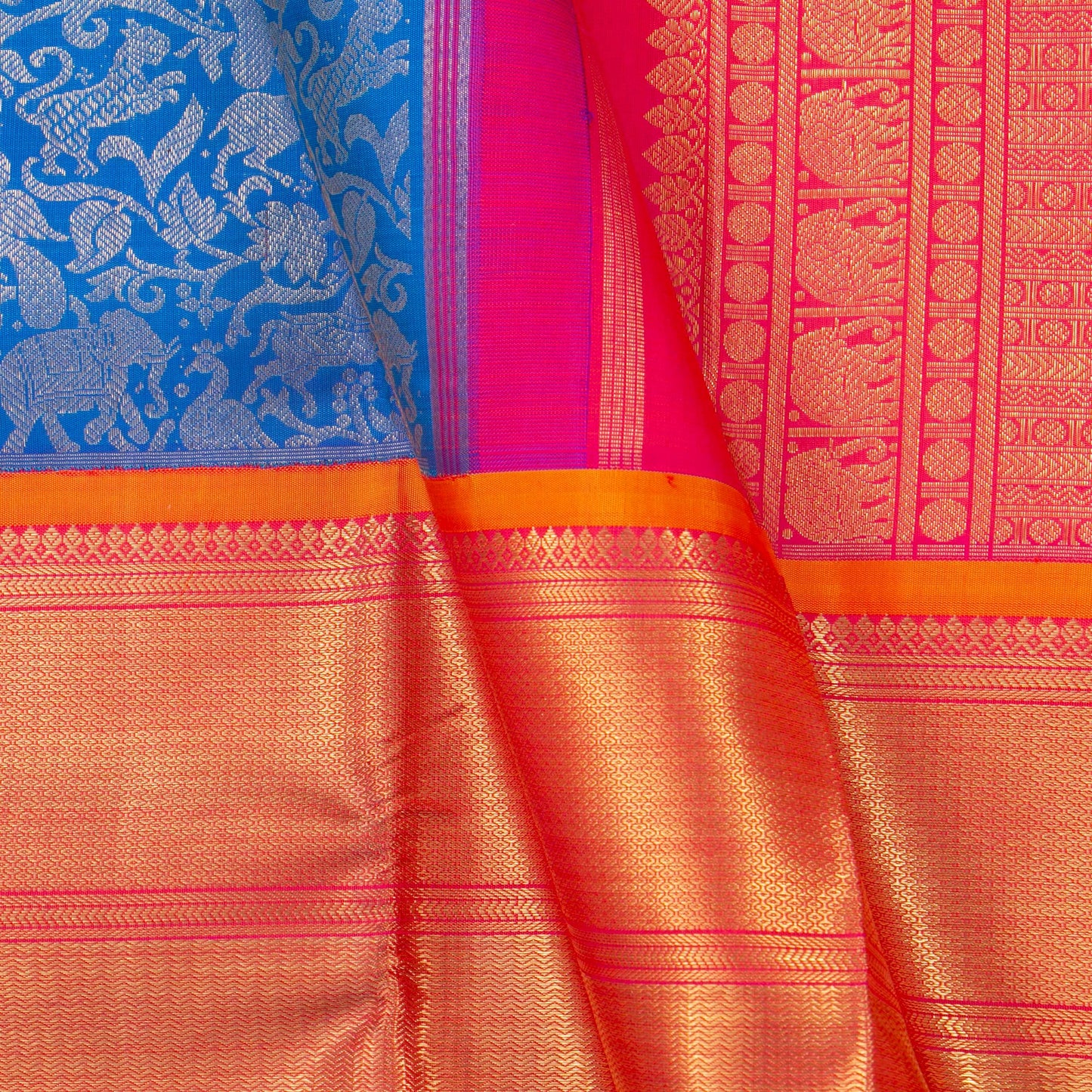 Blue And Orange Vanasingaram Kanchipuram Silk Saree For Wedding Wear PV NYC 1376 - Silk Sari - Panjavarnam PV NYC 1376