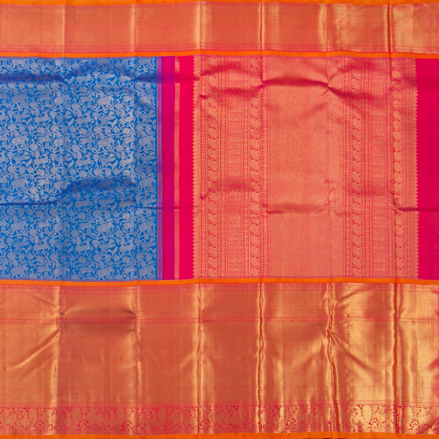 Blue And Orange Vanasingaram Kanchipuram Silk Saree For Wedding Wear PV NYC 1376 - Silk Sari - Panjavarnam PV NYC 1376