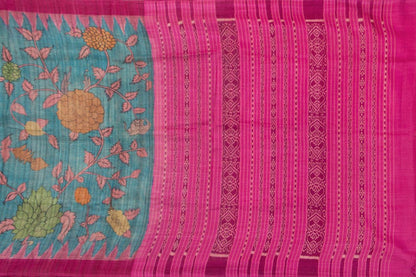 Blue And Pink Kalamkari Gicha Tussar Silk Saree Handpainted Floral Patterns Organic Vegetable Dyes PT K VSR 122 - Kalamkari Silk - Panjavarnam