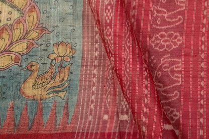 Blue And Pink Kalamkari Gicha Tussar Silk Saree Handpainted Krishna Leela Patterns Organic Vegetable Dyes PT K VSR 121 - Kalamkari Silk - Panjavarnam