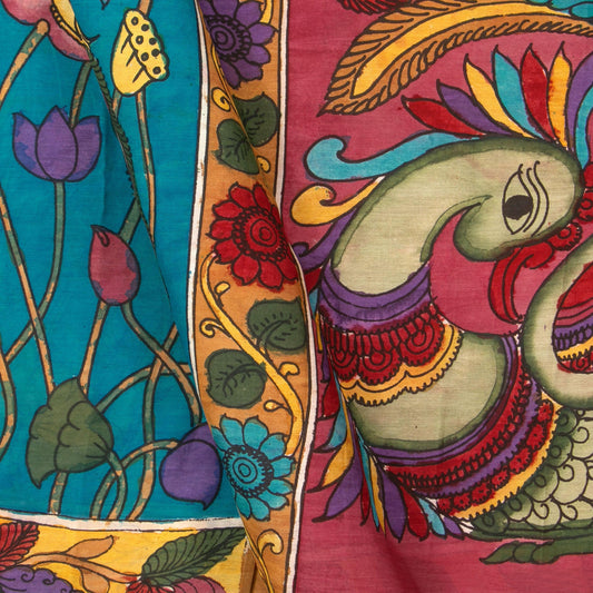 Blue Kalamkari Bangalore Silk Saree With Zari Border Handpainted Organic Dyes For Office Wear PKBS 573 - Kalamkari Silk - Panjavarnam PKBS 573