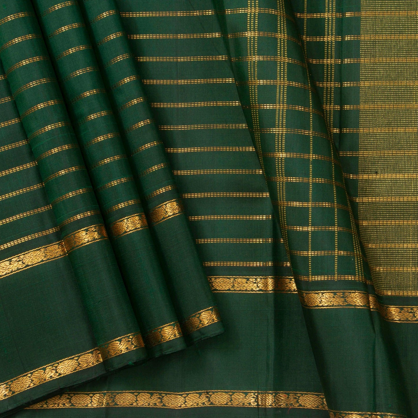 Bottle Green Kanchipuram Silk Saree With Contrast Blouse For Wedding Wear PV NYC 1292 - Silk Sari - Panjavarnam PV NYC 1292