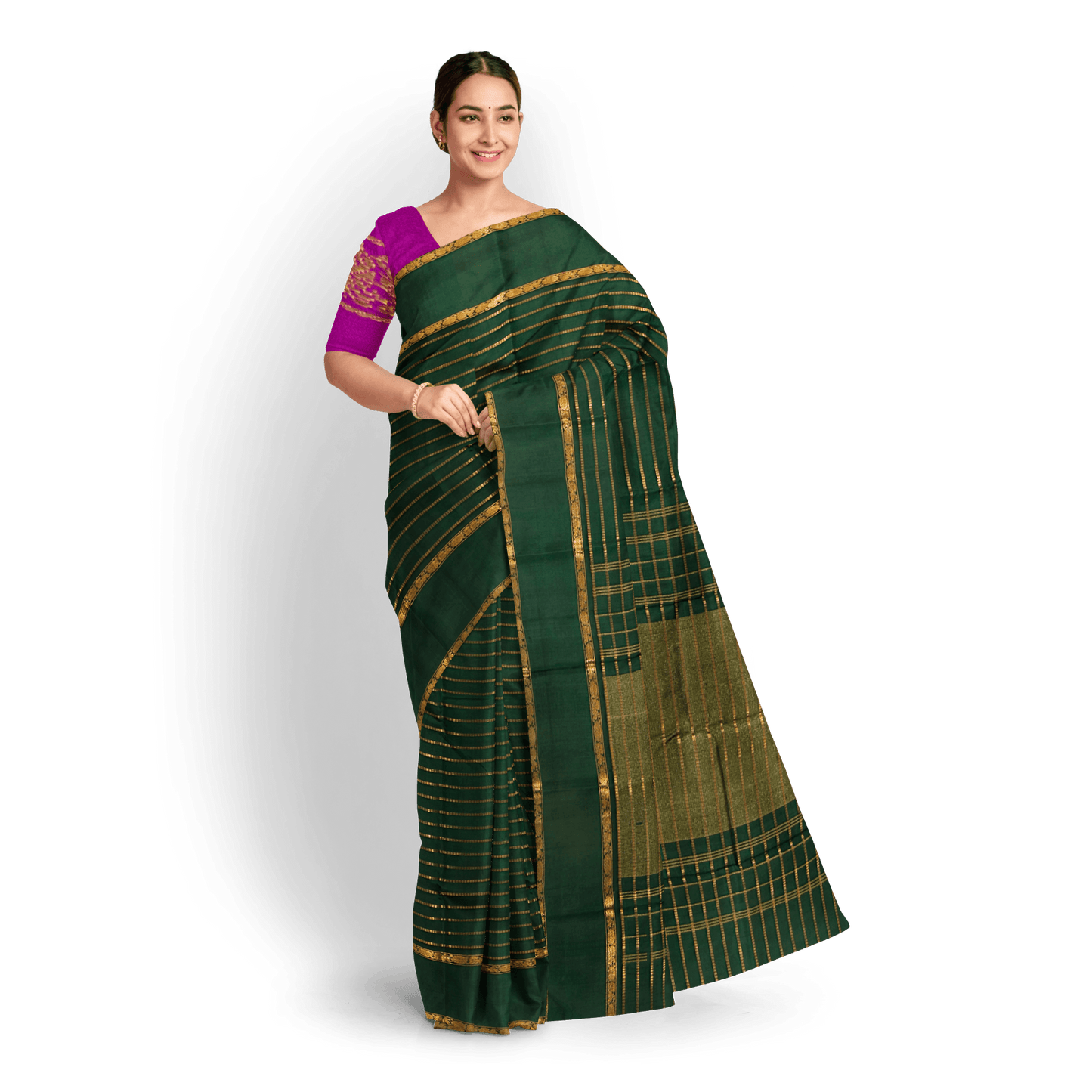 Bottle Green Kanchipuram Silk Saree With Contrast Blouse For Wedding Wear PV NYC 1292 - Silk Sari - Panjavarnam PV NYC 1292